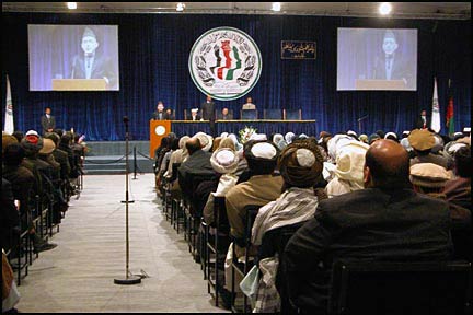 The inside of the Loya Jirga tent during a speech of Hamid Karzai in June 2002. 